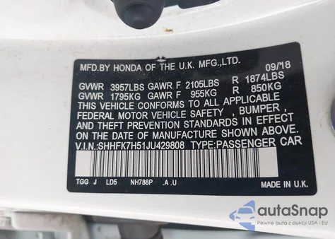 2018 Honda Civic Ex из США, поврежденный, VIN SHHFK7H51JU429808